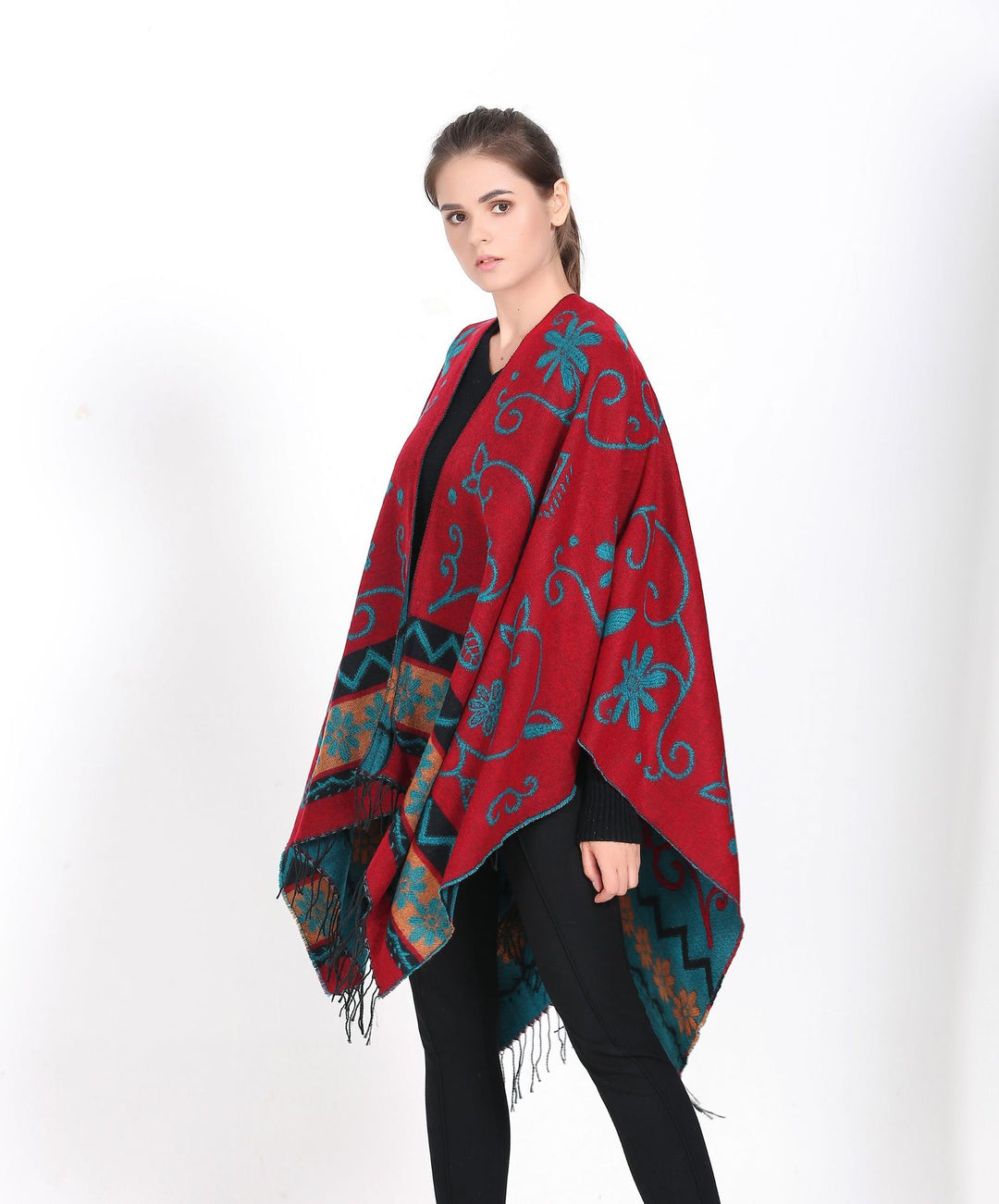 Damen eleganter Poncho mit frischem floralem Design und fransigen Kanten Drune