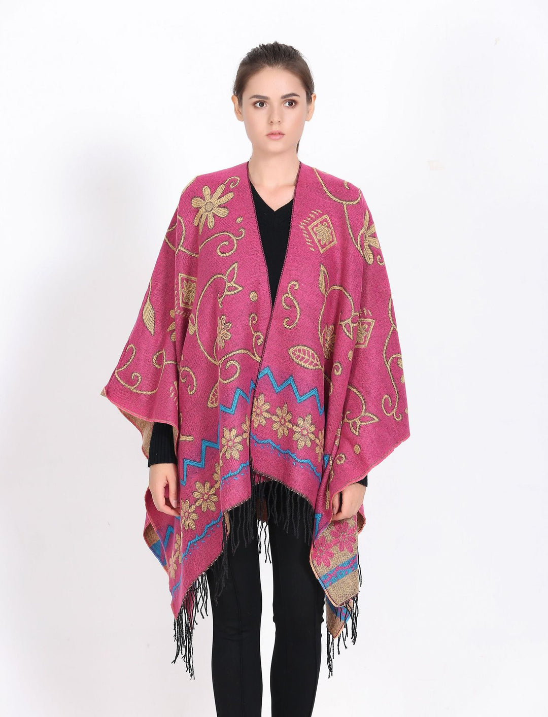 Damen eleganter Poncho mit frischem floralem Design und fransigen Kanten Drune