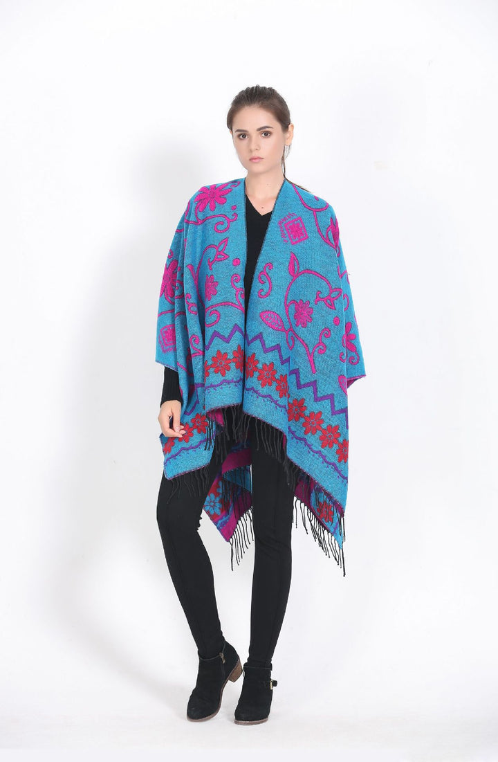 Damen eleganter Poncho mit frischem floralem Design und fransigen Kanten Drune