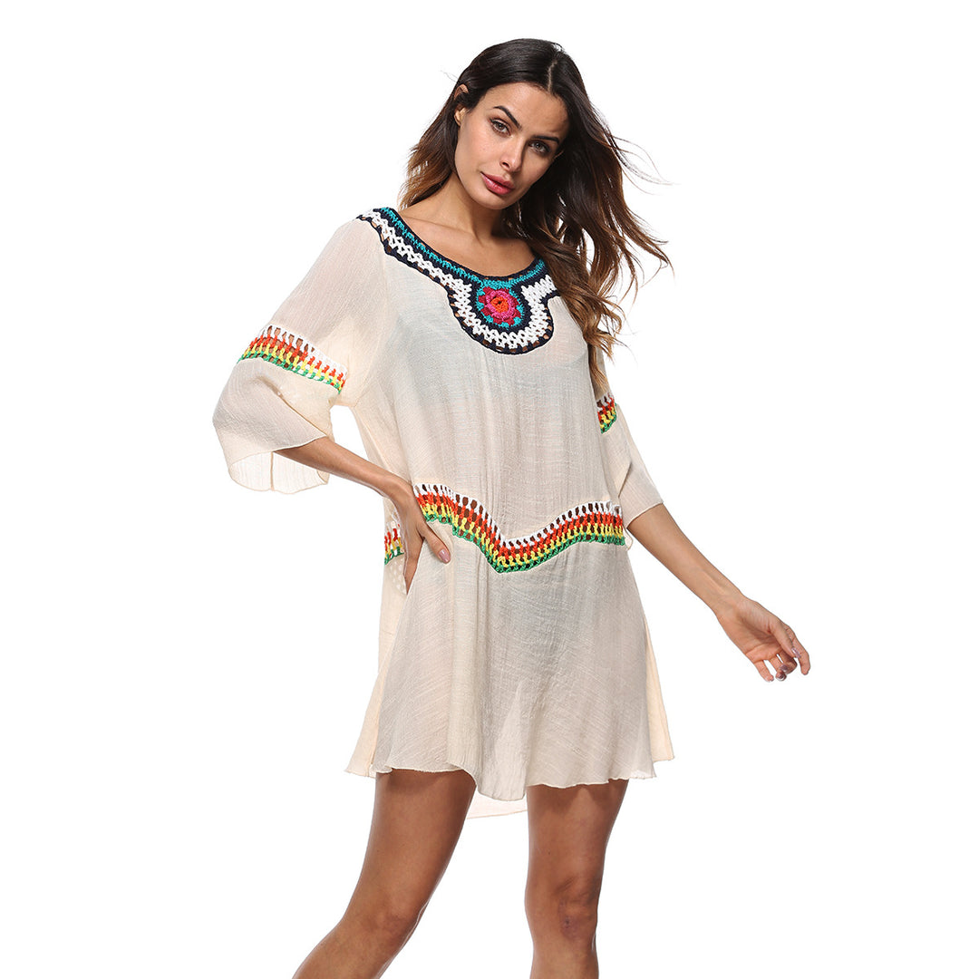Damen luftiger Strandkaftan mit bunten Stickdetails Drune