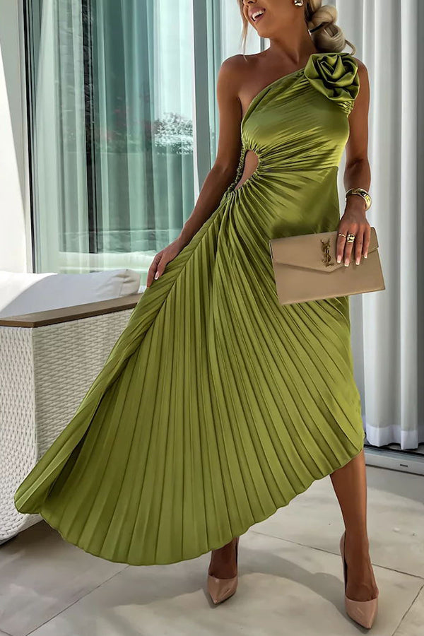 Drune | Romantische Nächte Satin Erhabenes Blumen Elastisches Cutout Ein-Schulter Plissee Maxi Kleid
