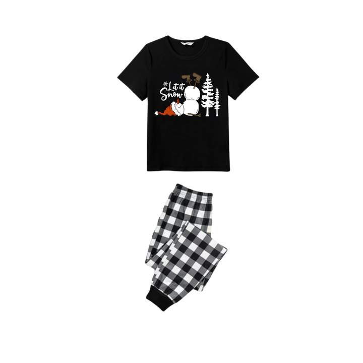 Drune | Lass es schneien Schneemann Familie Weihnachten Pyjama Set - Schwarzes Oberteil Schwarz-weiße karierte Hose Weiße Textgrafik