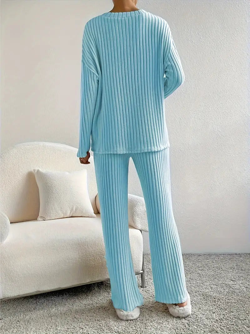 Drune 2-teiliges Set | Eleganter gerippter Damenanzug mit V-Ausschnitt-Pullover und passender Hose