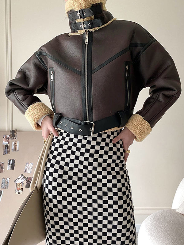 Drune | Braune Lambswool gefütterte Leder Splice Kurzjacke