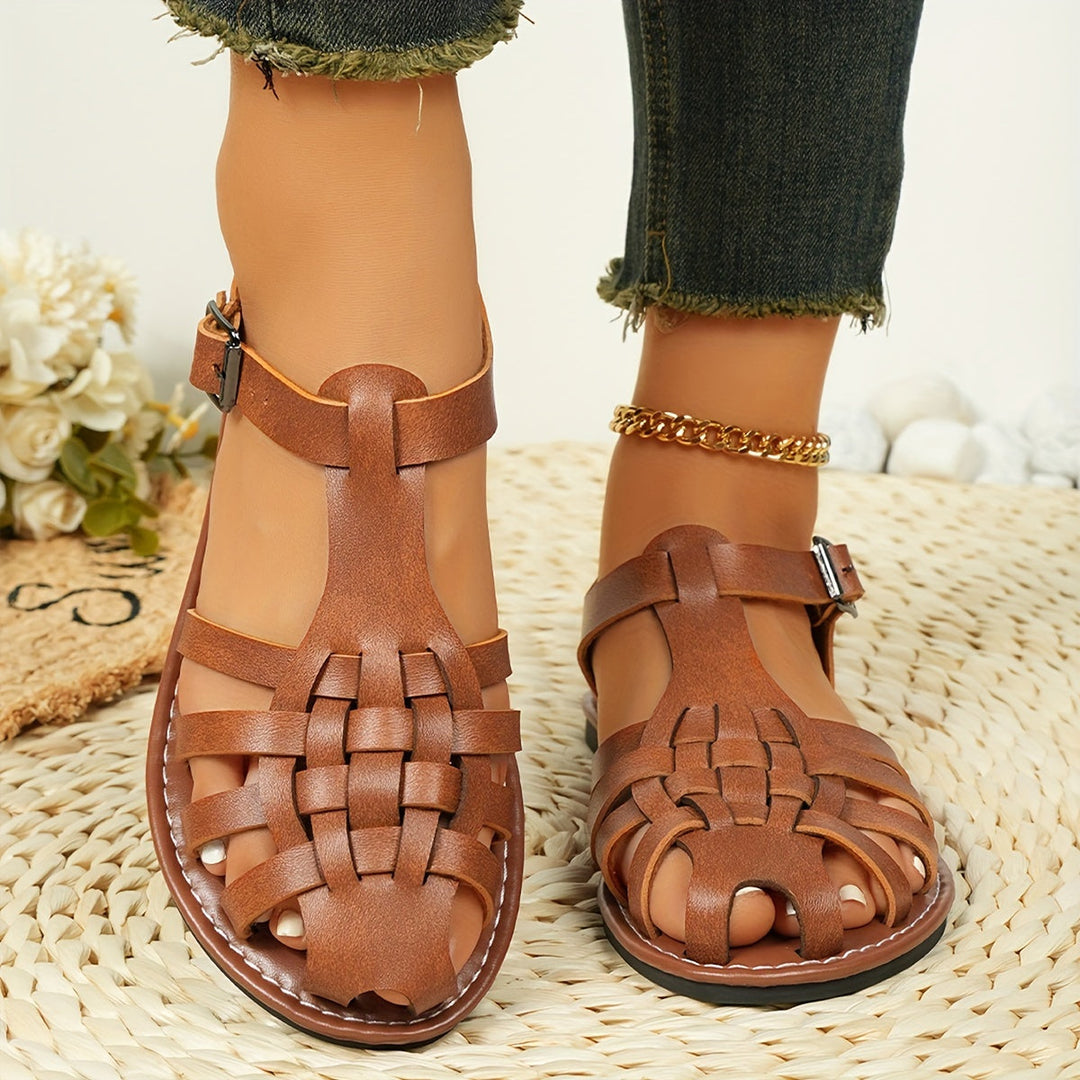 Drune | Gewebte Flache Sandalen für Damen Vintage Stil, Geschlossener Zeh, Schnallenverschluss