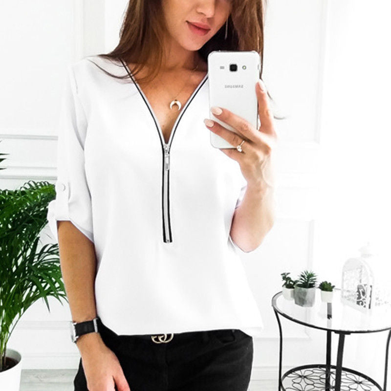 Damen Bluse mit Reißverschluss und 3/4-Ärmeln Drune