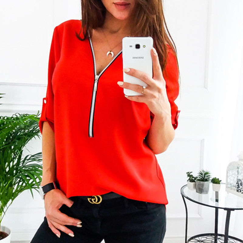 Damen Bluse mit Reißverschluss und 3/4-Ärmeln Drune