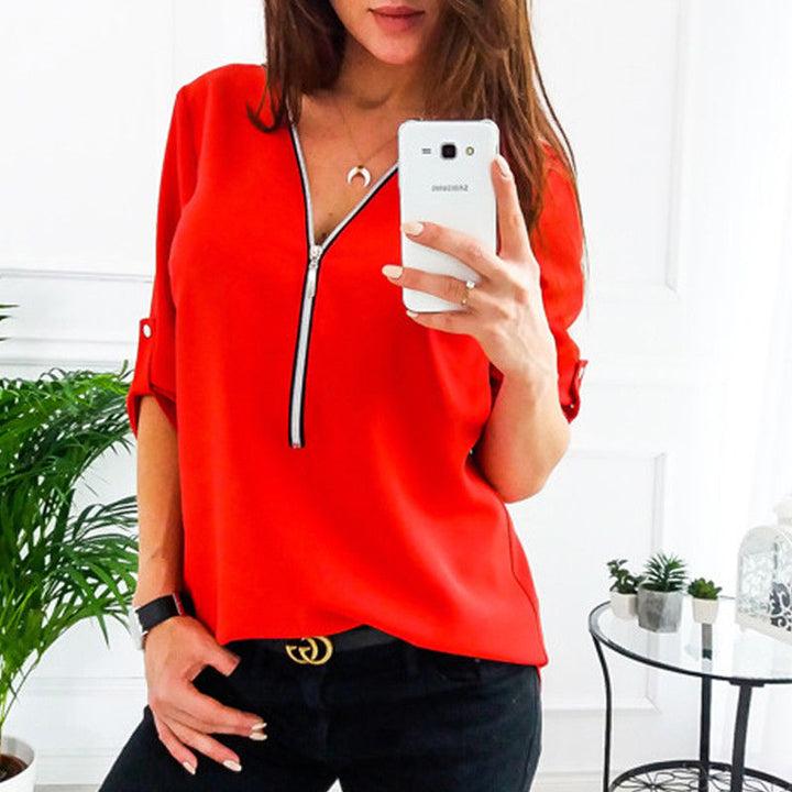 Damen Bluse mit Reißverschluss und 3/4-Ärmeln Drune