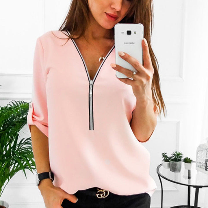 Damen Bluse mit Reißverschluss und 3/4-Ärmeln Drune