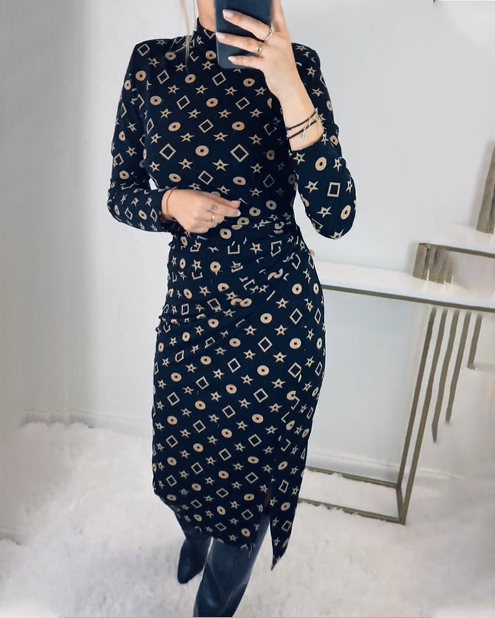 Drune | Elegantes Hochgeschlossenes Kleid mit Geometrischem Print