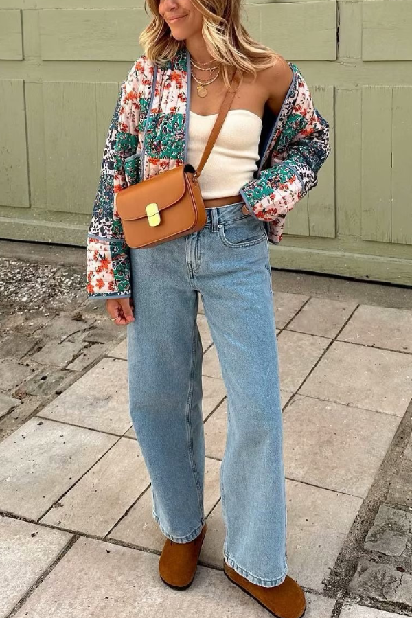 Drune | Bedruckte lockere lässige Strickjacke kurze gesteppte Baumwolljacke