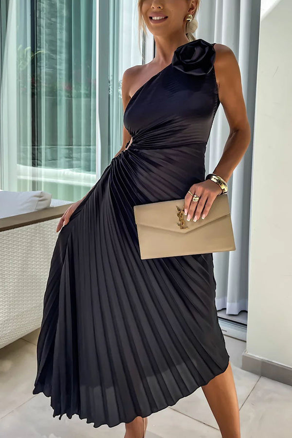 Drune | Romantische Nächte Satin Erhabenes Blumen Elastisches Cutout Ein-Schulter Plissee Maxi Kleid