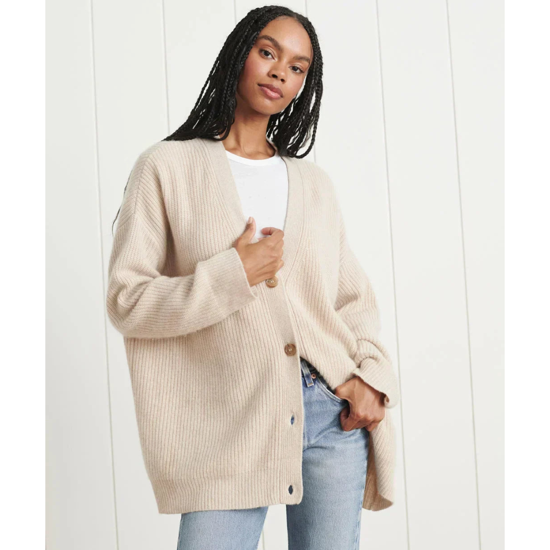 Drune | Lange Strickjacke Lässige Passform Wollmischung V-Ausschnitt Knöpfe