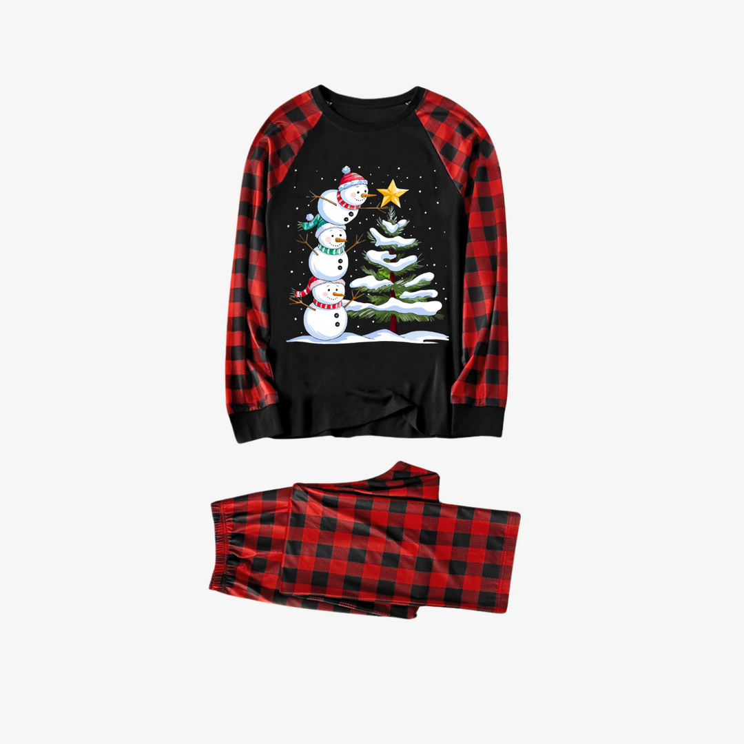 Drune | Rote und schwarze karierte Weihnachts-Pyjama-Sets mit Schneemann- und Weihnachtsbaum-Print