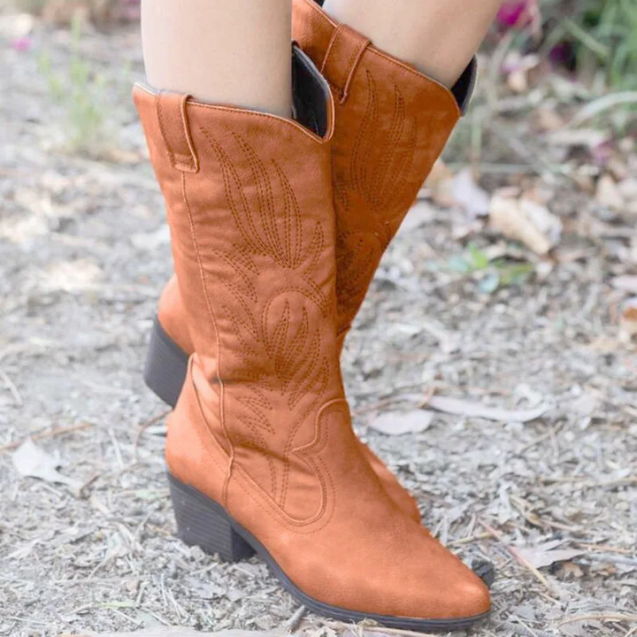Drune | Wildleder Knöchelhohe Stiefel mit Blockabsatz Cowboy Stiefel Damen