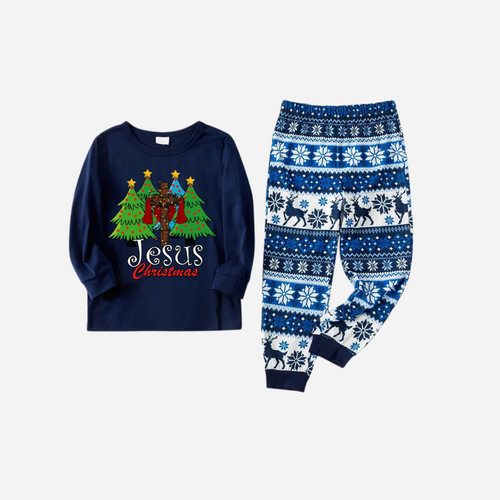 Drune | Jesus Weihnachten Familie Passende Pyjama Set - Dunkelblaues Oberteil mit Blau und Weiß Schneeflockenmuster Hose