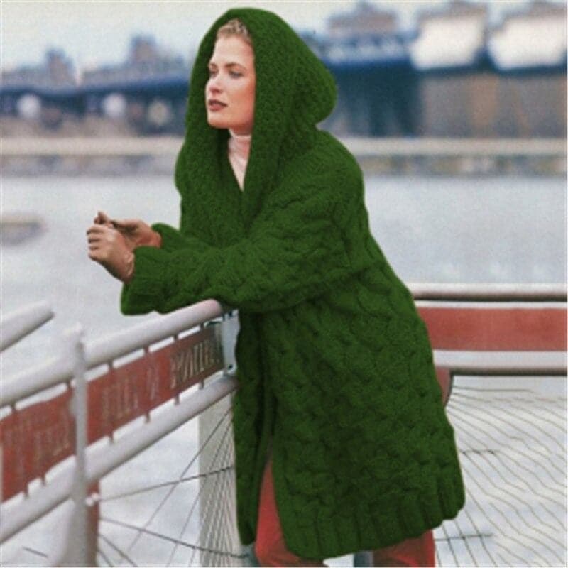 Drune | Langer StrickStrickjacke Grober Kabelstrick Lässige Passform Mit Kapuze