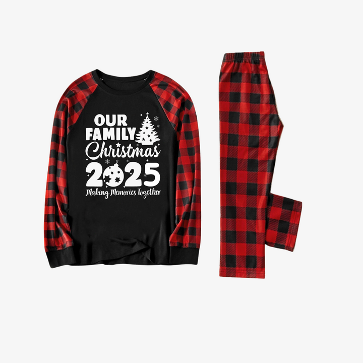 Drune | Weihnachtsbaum & "2025 Erinnerungen Gemeinsam Schaffen" Gemusterter Kontrasttop und Schwarz & Rot Karierte Hose Paar Matching Pyjama Set