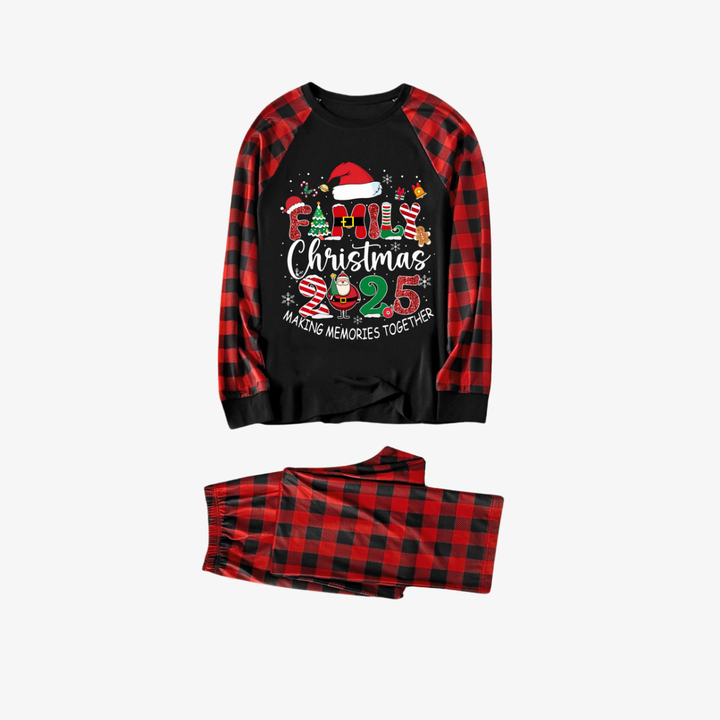 Drune | Rot und Schwarz Karierte Weihnachts-Pyjama-Set mit "Familien-Weihnachten 2025 Gemeinsam Erinnerungen Schaffen" Textdruck