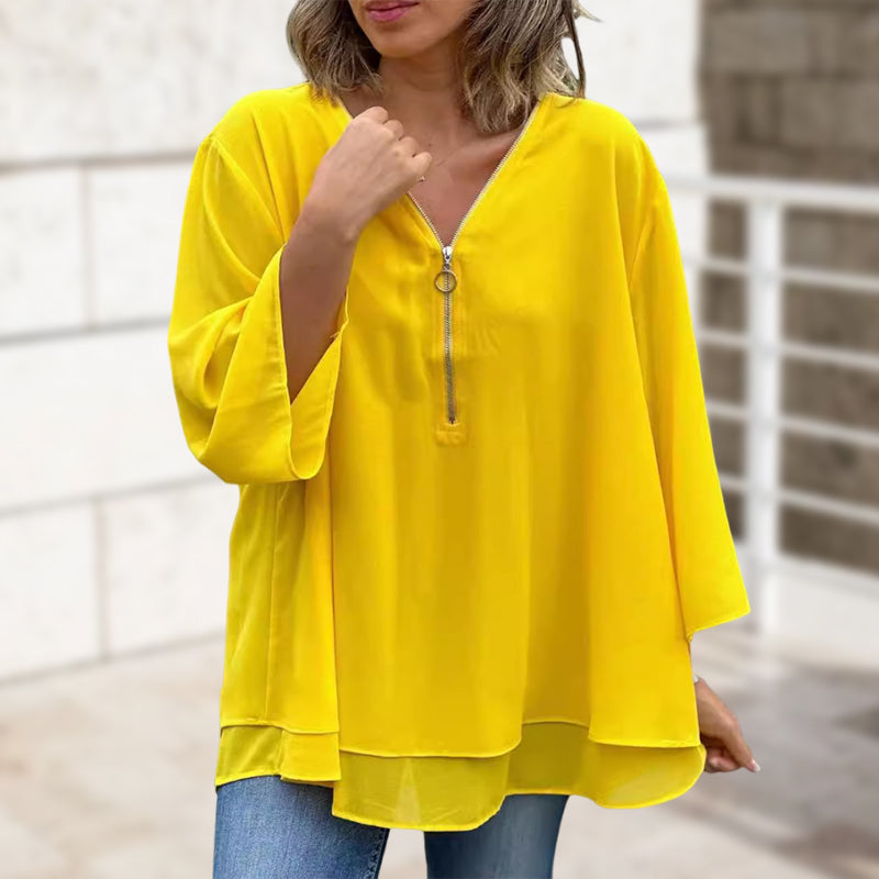 Drune | Chiffon Reißverschluss Top mit V-Ausschnitt