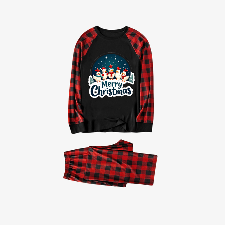 Drune | Rote und schwarze karierte Weihnachts-Pyjama-Set mit glücklichen Hühnern und "Frohe Weihnachten" Textdruck