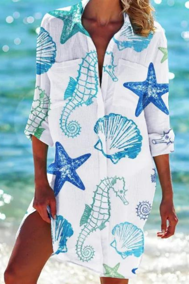 Drune - Lange Strandbluse mit Meeresmotiv