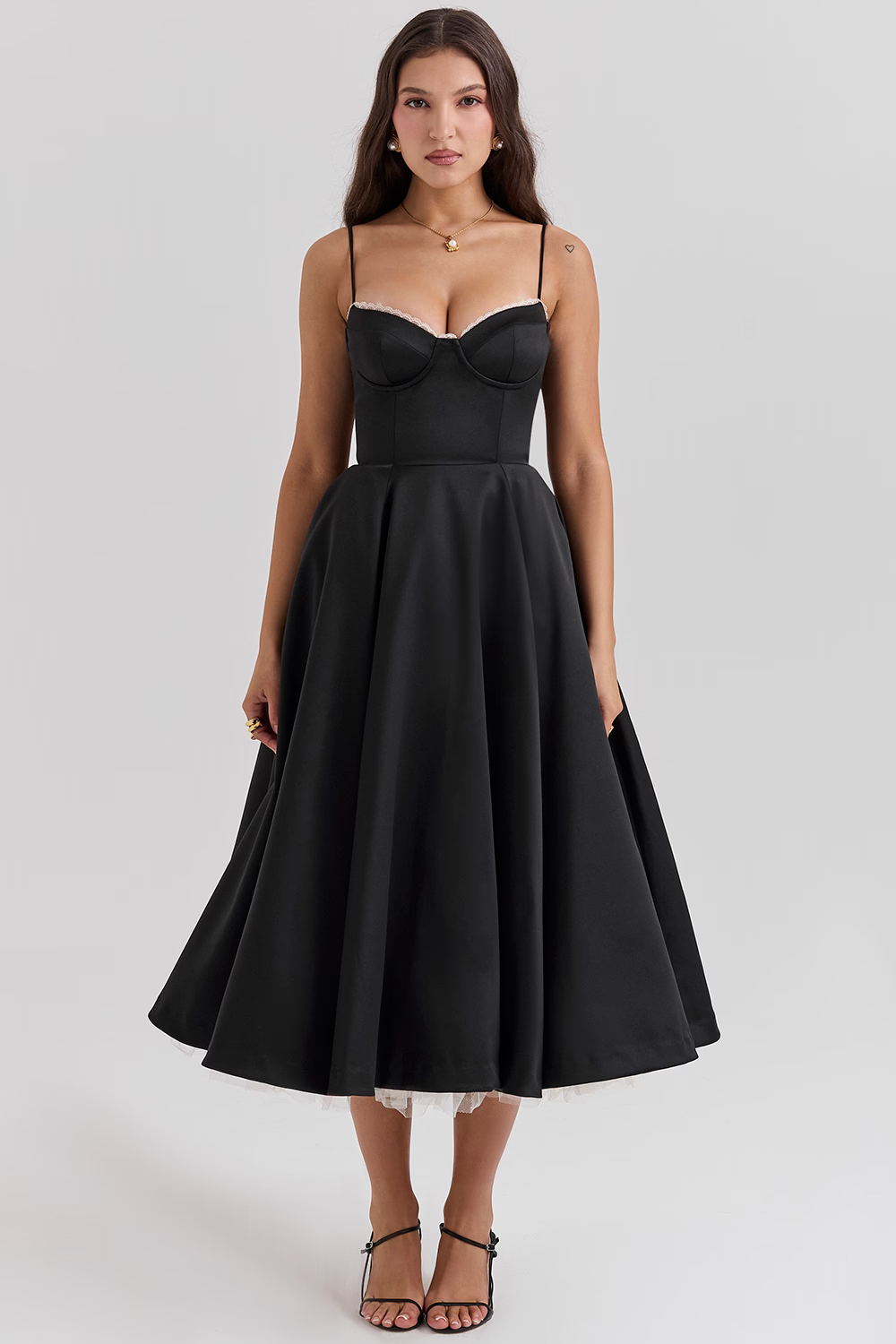 Drune | A-linie Midi Kleid Spaghetti Träger Spitzen Detail Elegante Formelle Kleidung