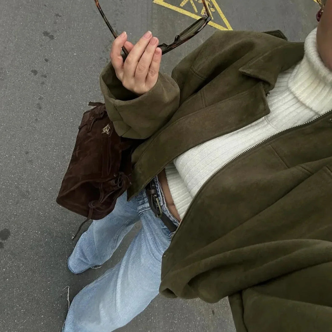 Drune | Überdimensional Jacke - Weiche Wildlederoptik - Voll gefüttert - Khaki