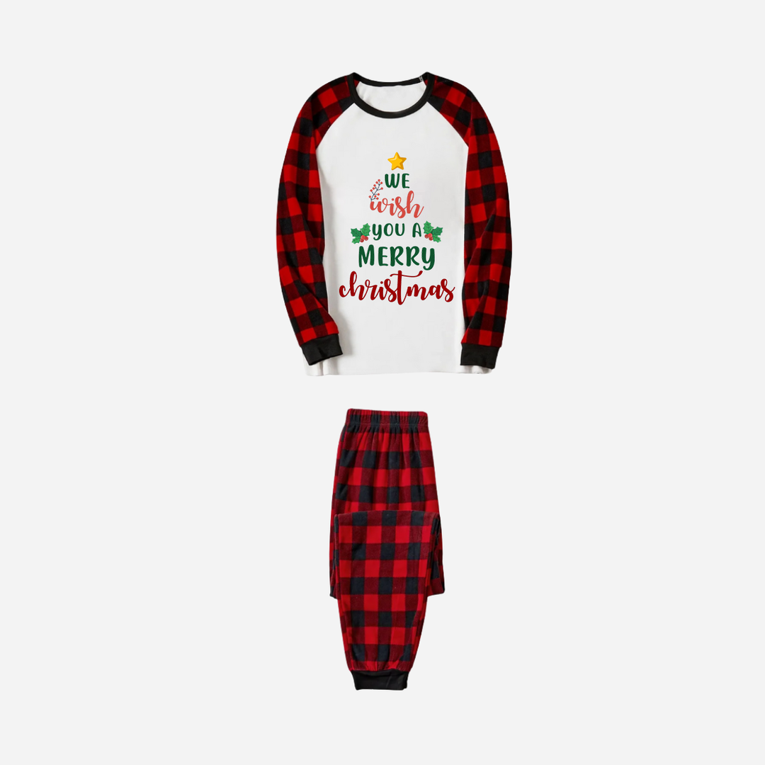 Drune | Rot und Schwarz Karierter Weihnachts-Pyjama-Set Mit "Wir wünschen Ihnen ein fröhliches Weihnachtsfest" Textdruck