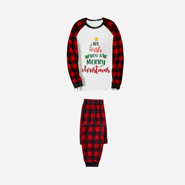 Drune | Rot und Schwarz Karierter Weihnachts-Pyjama-Set Mit "Wir wünschen Ihnen ein fröhliches Weihnachtsfest" Textdruck