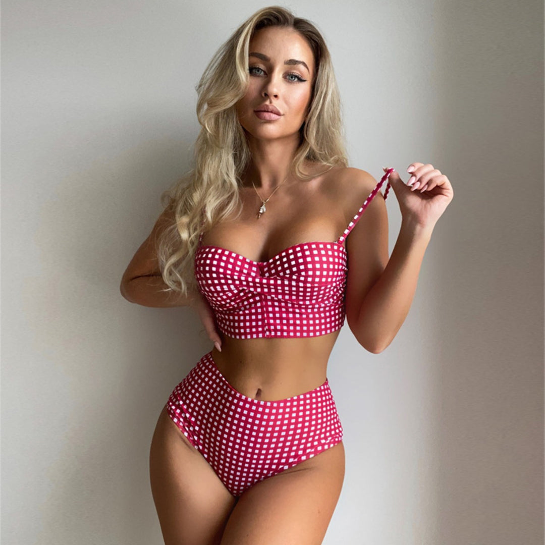 Drune | Sexy karierter geteilter Bikini mit hoher Taille