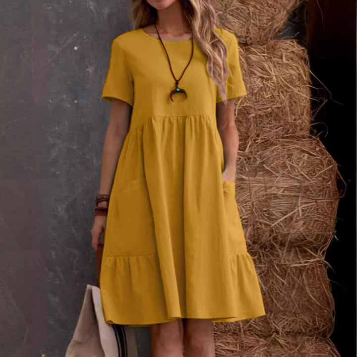 Drune | Lose Tasche einfarbig Rundhalsausschnitt Kleid