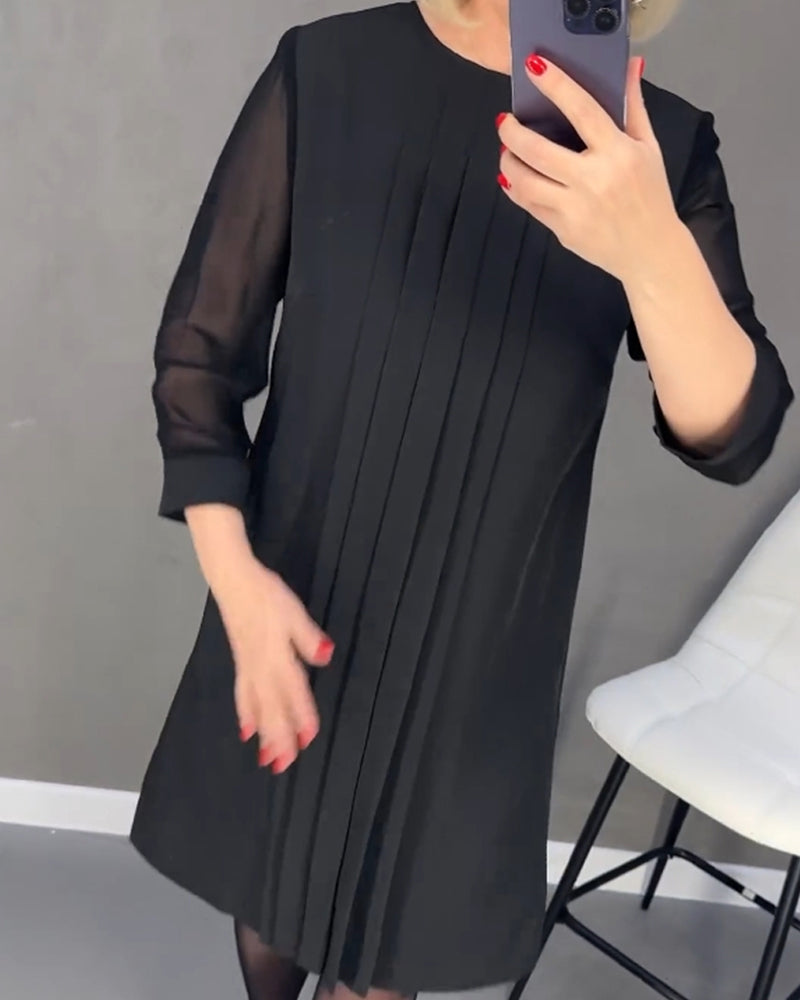 Drune | Einfarbiges Plissiertes Patchwork Mesh Kleid