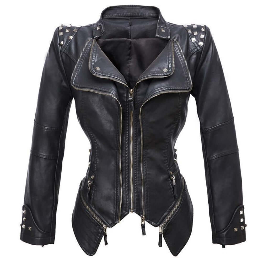 Drune | Damen Enganliegende Genietete Biker Lederjacke