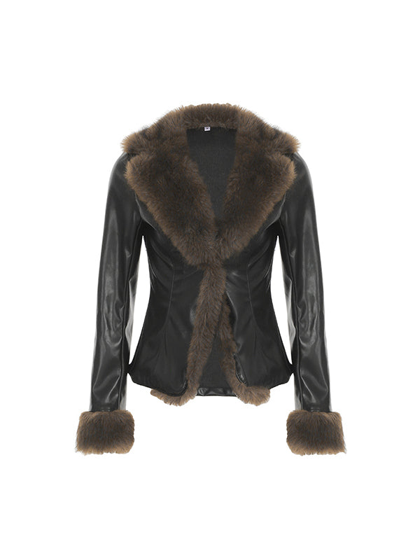 Drune | American Style Pelzkragen Patchwork Lederjacke