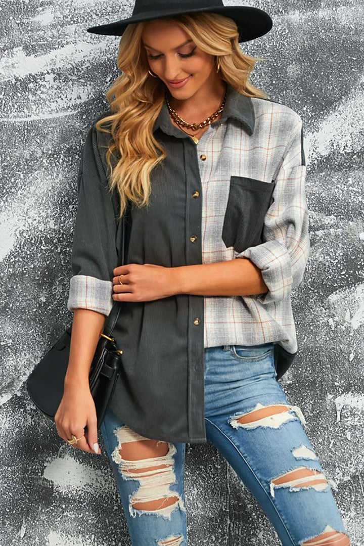 Drune | Karierte Farbblock Gefallen Schulter Corduroy Shacket