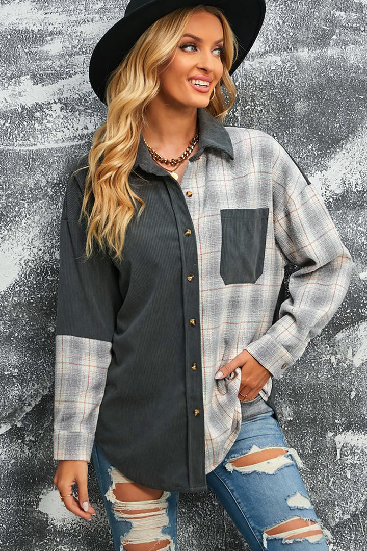 Drune | Karierte Farbblock Gefallen Schulter Corduroy Shacket
