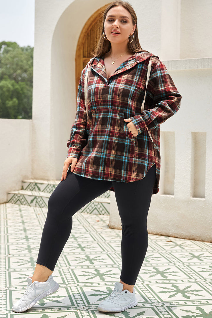 Drune | Feuerrote Plus-Size Karokängurutaschen Kapuzenpullover mit Kordelzug