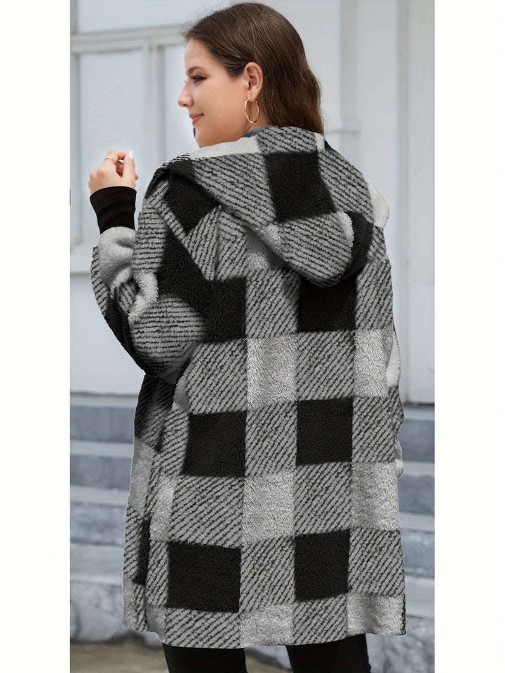 Drune | hooded karierten Fleece-Strickwaren-Cardigan für Damen - Perfekt für den Alltag
