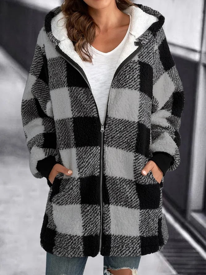 Drune | Weiche Damen Karierte Fleece Kapuzenjacke
