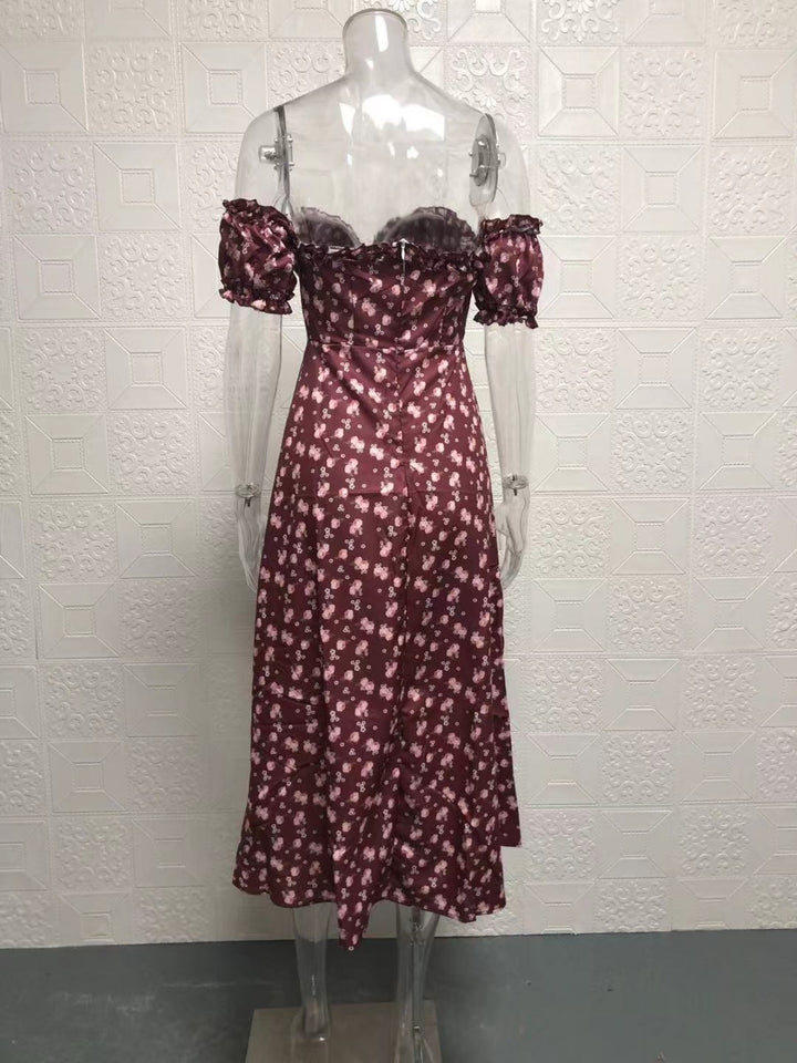 Drune | Geschlitztes Blumenkleid schulterfreies Röhrentop-Kleid