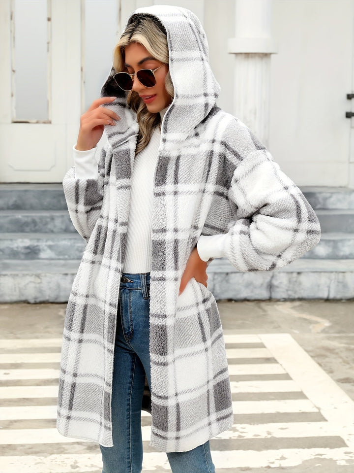 Drune | hooded karierten Fleece-Strickwaren-Cardigan für Damen - Perfekt für den Alltag