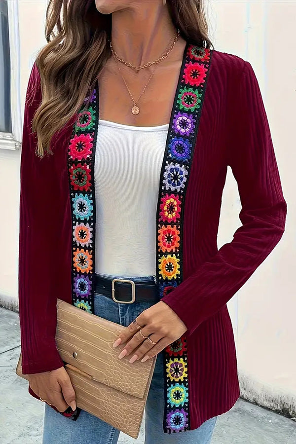 Drune | Boho knit cardigan with floral trim and long sleeves