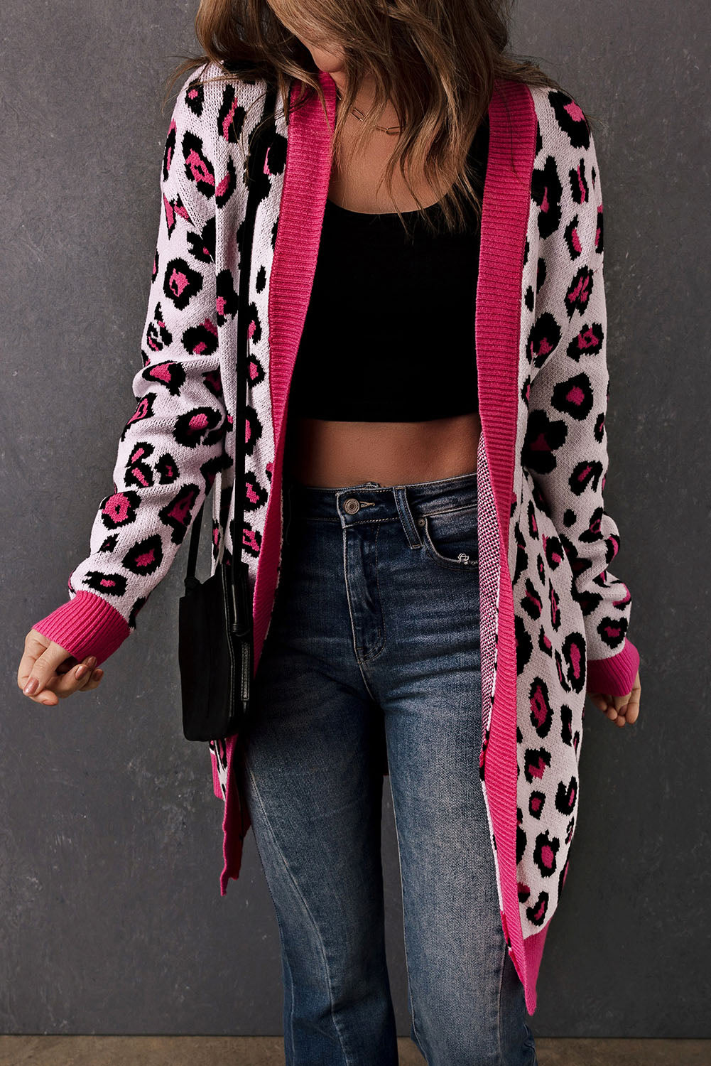 Drune | Leopard-Kontrastbesatz Offene Vorderseite Langarmlange Strickjacke