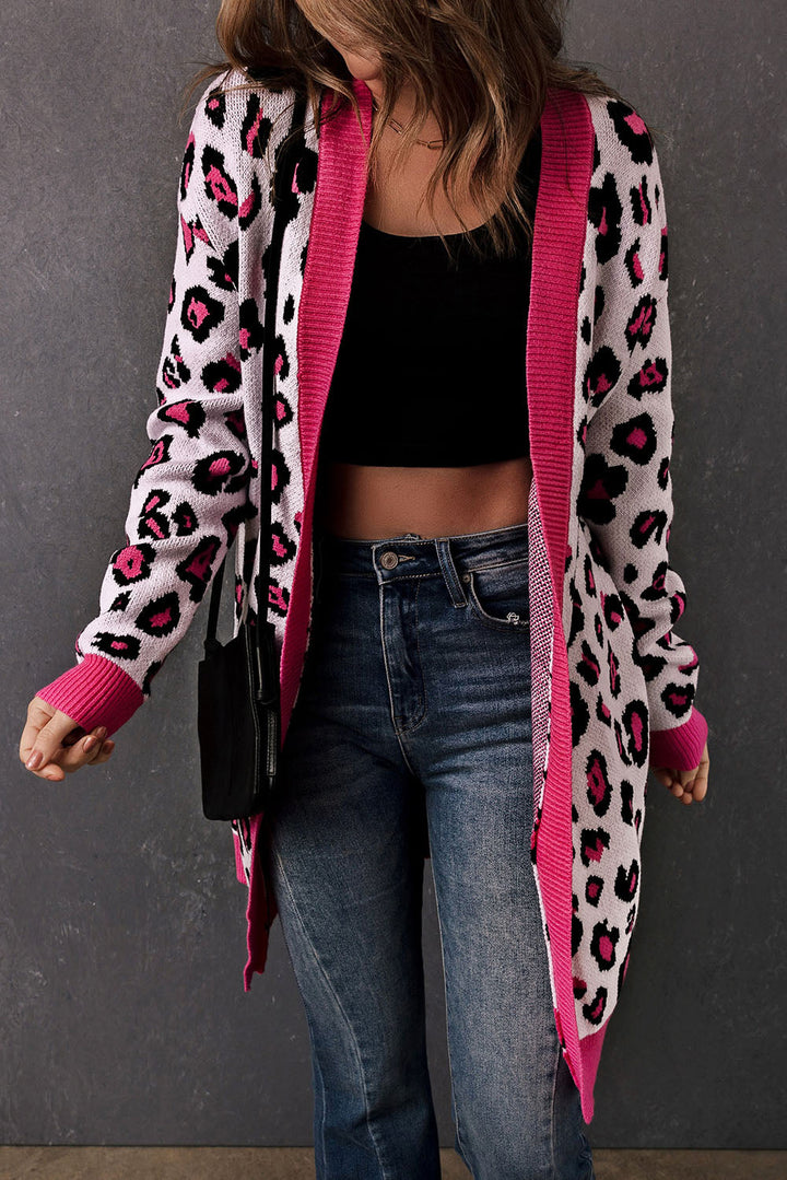 Drune | Leopard-Kontrastbesatz Offene Vorderseite Langarmlange Strickjacke