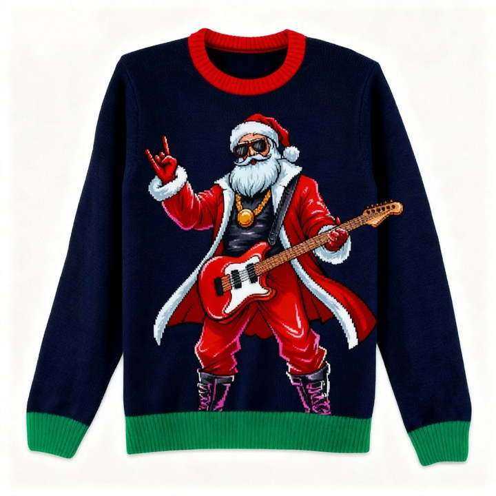 Drune | Rock Star Santa Druck Feiertag Pullover - Absichtliches Festliches Eigenart
