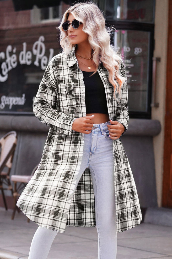 Drune | Karierter Button-Up Longline Shacket mit Brusttaschen
