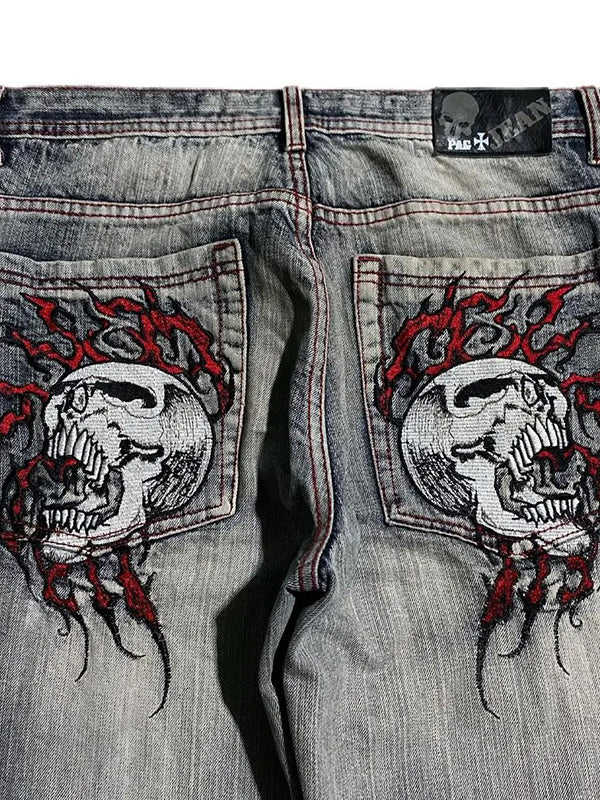 Drune | 2000s Boyfriend Baggy Jeans Mit Skull Stickerei
