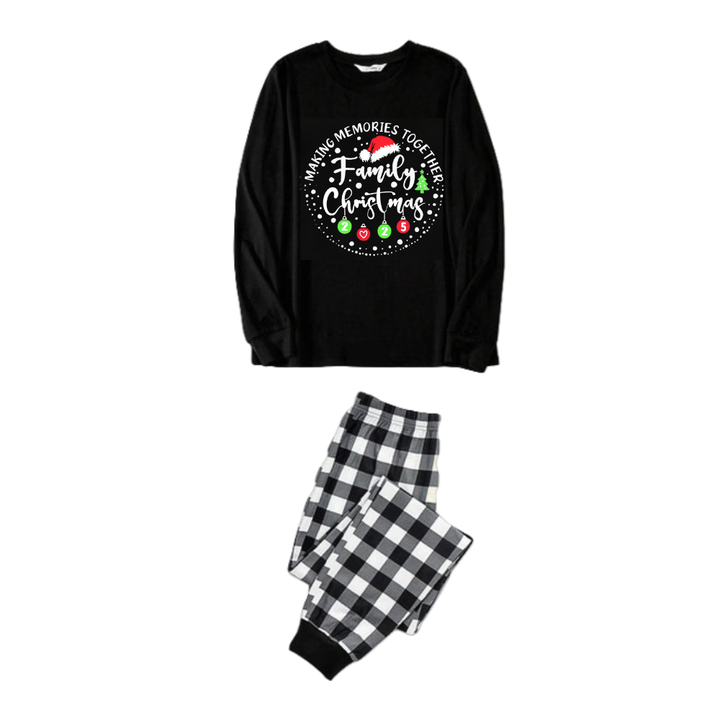 Drune | " GEMEINSAME ERINNERUNGEN FAMILIENWEIHNACHTEN 2025" Textmuster - Schwarzes Langarmshirt mit schwarz-weißen Karohosen Familie Passende Schlafanzüge