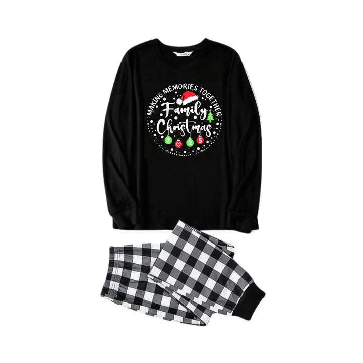 Drune | " GEMEINSAME ERINNERUNGEN FAMILIENWEIHNACHTEN 2025" Textmuster - Schwarzes Langarmshirt mit schwarz-weißen Karohosen Familie Passende Schlafanzüge